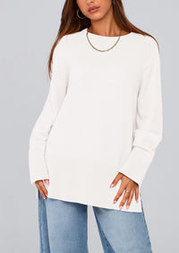 Knit Long Sleeve Crew Neck Split Hem Loose Oversized Tunic Sweaters