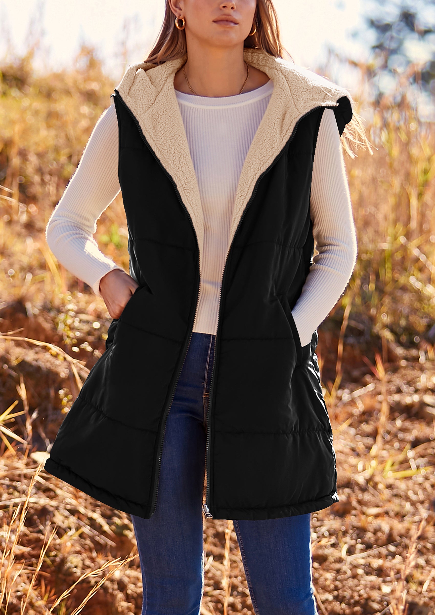 PRETTYGARDEN Womens Fall Reversible Vests Sleeveless Fleece Jacket Zip Up Hoodie Pockets Long Warm Winter Coat Outerwear