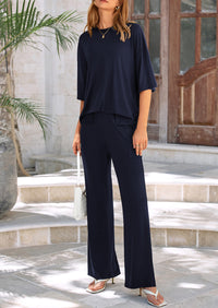 Short Sleeve Pullover Tops And Wide Leg Pants Two Piece Sets