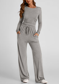 Long Sleeve Crop Tee Wide Leg Pants Two Piece Sets