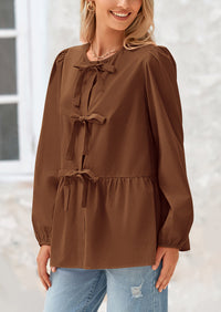 Babydoll Peplum Puff Long Sleeve Bow Tie Front Y2K Blouses