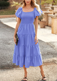 Casual Short Sleeved Square Neck Layered Pleated Dress