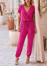 Deep V Neck Wrap Drawstring Waist Jumpsuits