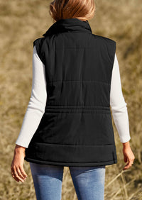 Casual Button Zipper Vest, Drawstring Sleeveless Jacket