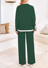 PRETTYGARDEN Two Piece Matching Sweater Lounge Sets Knit Long Sleeve Pullover Tops Wide Leg Pants