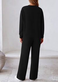 Casual Long Sleeve Pullover Tops and Wide Leg Pants Knitted Two Piece Sets