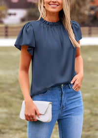 Satin Dressy Casual Ruffle Short Sleeve Crew Neck Work Party Blouses
