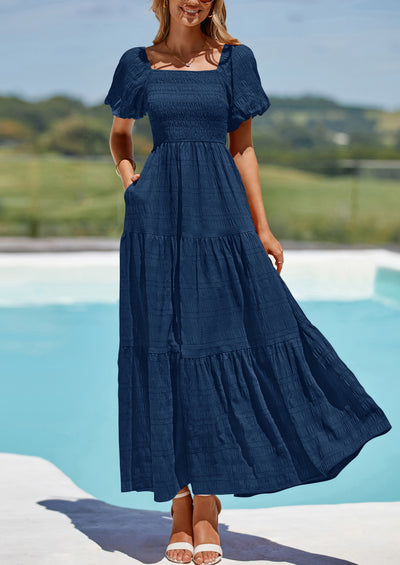 PRETTYGARDEN Womens Summer Smocked Tiered Ruffle A Line Beach Maxi Dresses