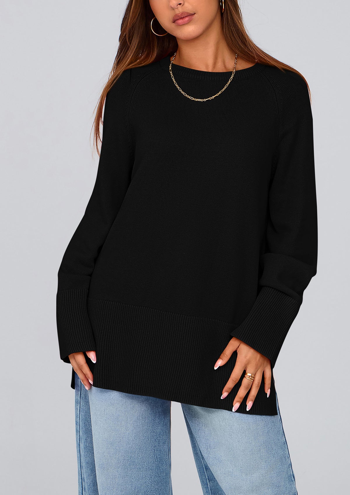 Knit Long Sleeve Crew Neck Split Hem Loose Oversized Tunic Sweaters