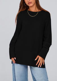 Knit Long Sleeve Crew Neck Split Hem Loose Oversized Tunic Sweaters