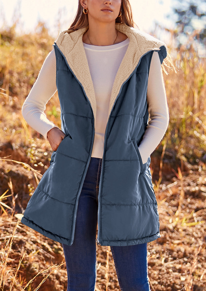 PRETTYGARDEN Womens Fall Reversible Vests Sleeveless Fleece Jacket Zip Up Hoodie Pockets Long Warm Winter Coat Outerwear