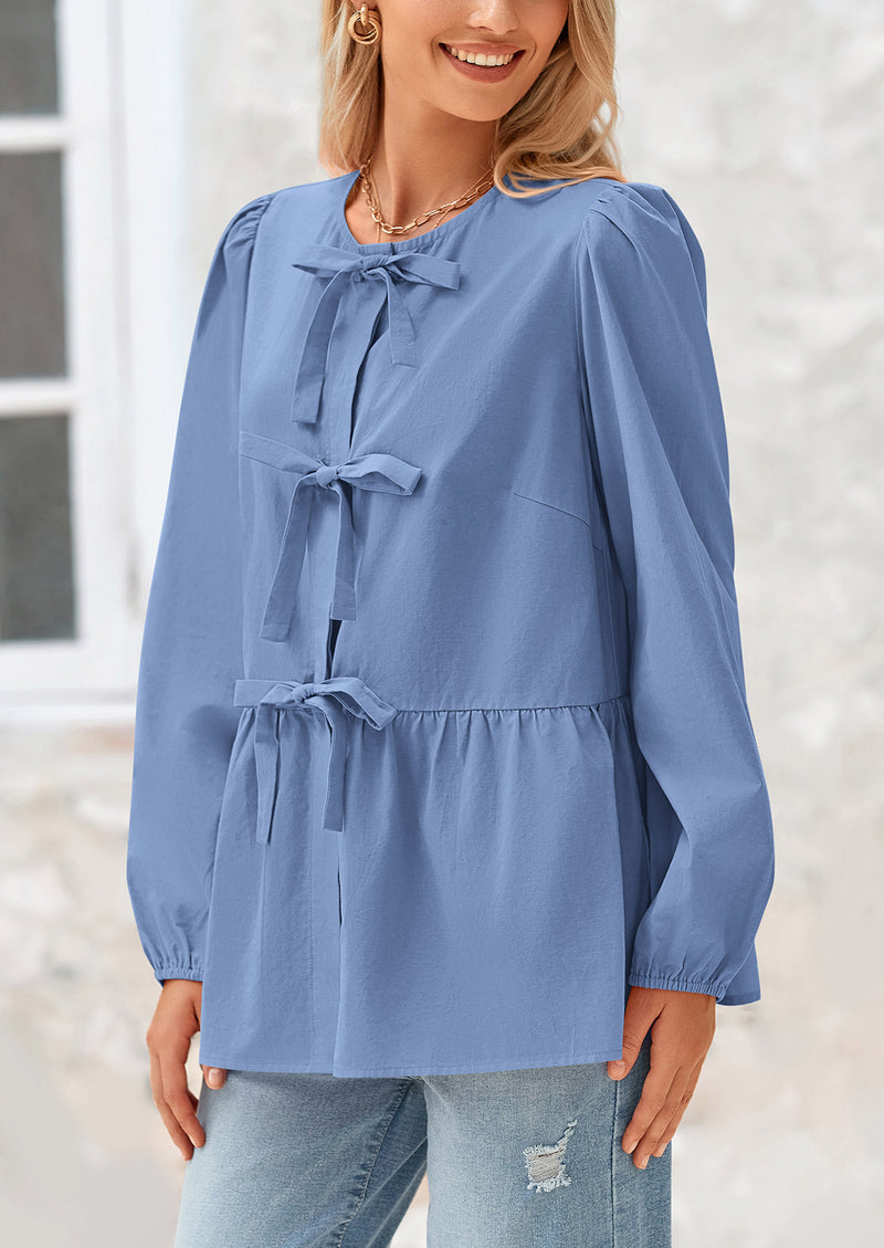 PRETTYGARDEN Women's Spring Fall Babydoll Peplum Blouse Shirt Puff Long Sleeve Bow Tie Front Trendy Cute Y2K Going Out Tops