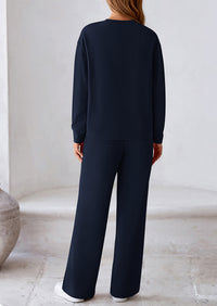 Casual Long Sleeve Pullover Tops and Wide Leg Pants Knitted Two Piece Sets