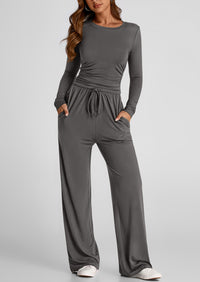 Long Sleeve Crop Tee Wide Leg Pants Two Piece Sets