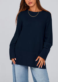 Knit Long Sleeve Crew Neck Split Hem Loose Oversized Tunic Sweaters