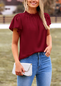 Satin Dressy Casual Ruffle Short Sleeve Crew Neck Work Party Blouses