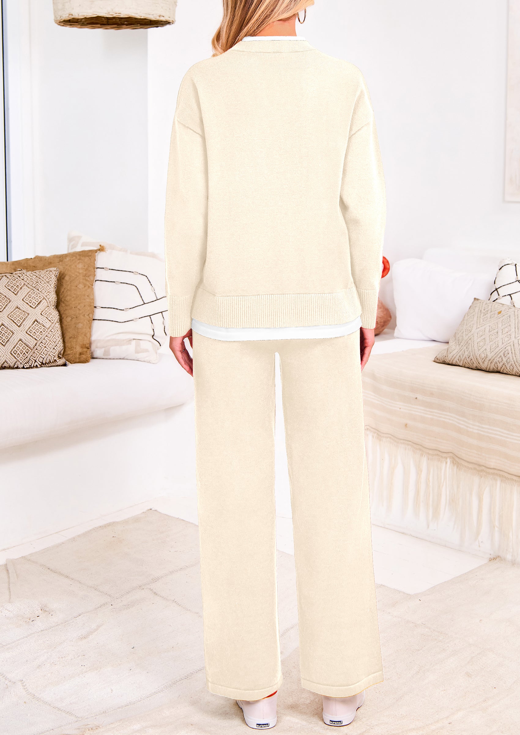PRETTYGARDEN Two Piece Matching Sweater Lounge Sets Knit Long Sleeve Pullover Tops Wide Leg Pants