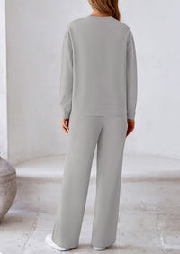 Casual Long Sleeve Pullover Tops and Wide Leg Pants Knitted Two Piece Sets