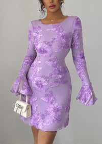 PRETTYGARDEN Women's Floral Embroidered Dress Fall Long Bell Sleeve Ribbon Flower Mini Short Mesh Bodycon Party Dresses