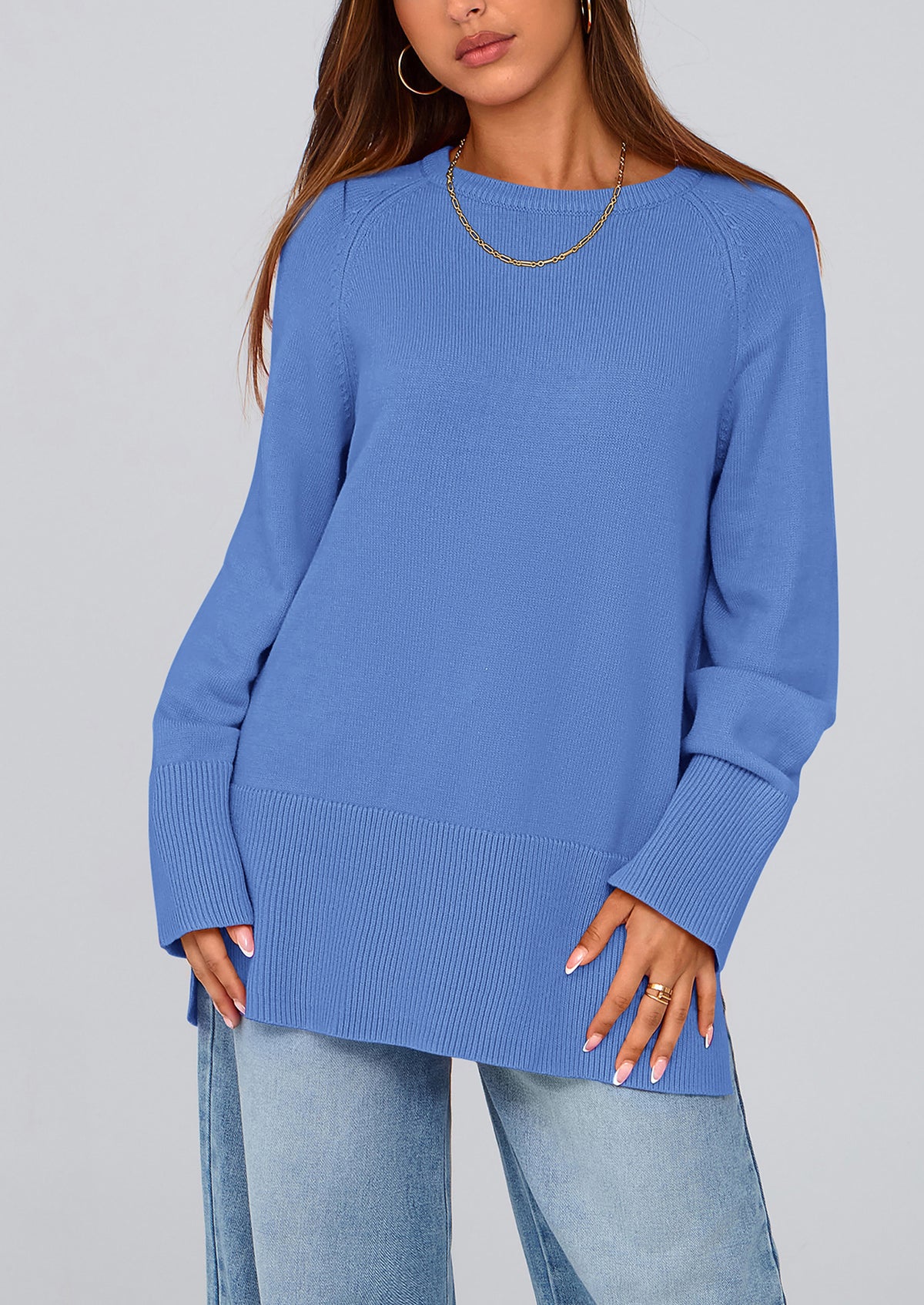 Knit Long Sleeve Crew Neck Split Hem Loose Oversized Tunic Sweaters
