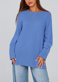Knit Long Sleeve Crew Neck Split Hem Loose Oversized Tunic Sweaters
