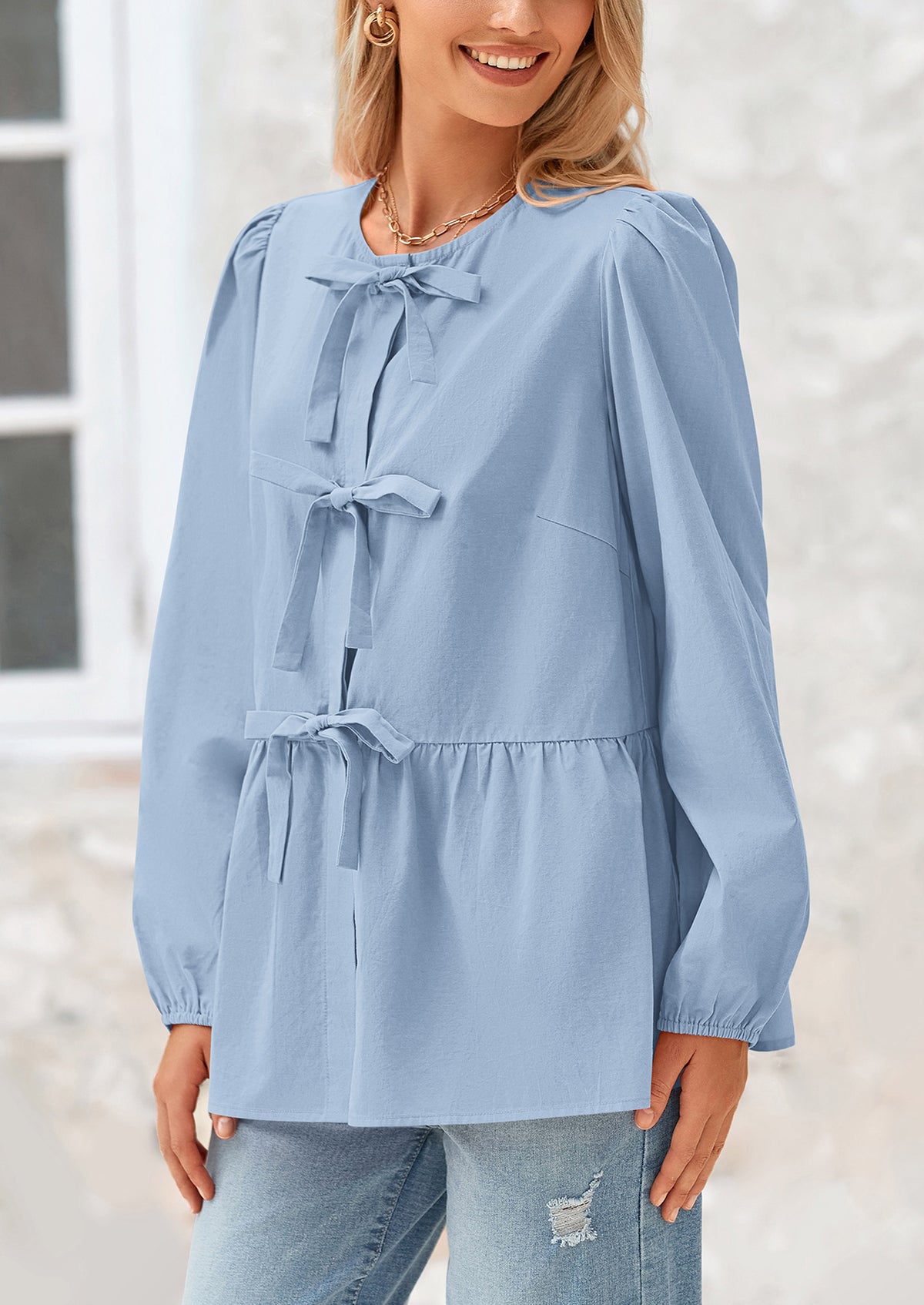 Babydoll Peplum Puff Long Sleeve Bow Tie Front Y2K Blouses