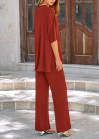 Short Sleeve Pullover Tops And Wide Leg Pants Two Piece Sets