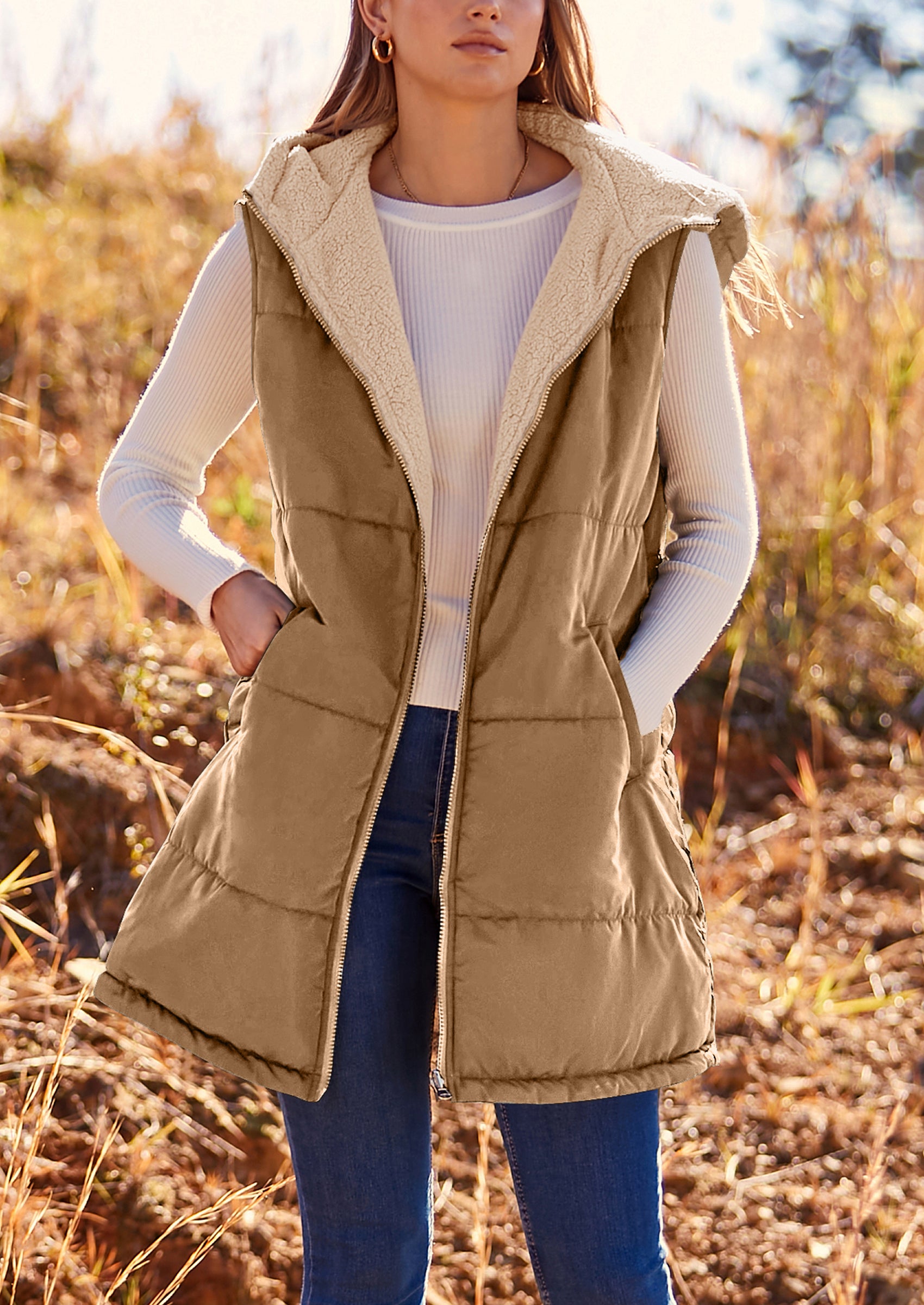 PRETTYGARDEN Womens Fall Reversible Vests Sleeveless Fleece Jacket Zip Up Hoodie Pockets Long Warm Winter Coat Outerwear