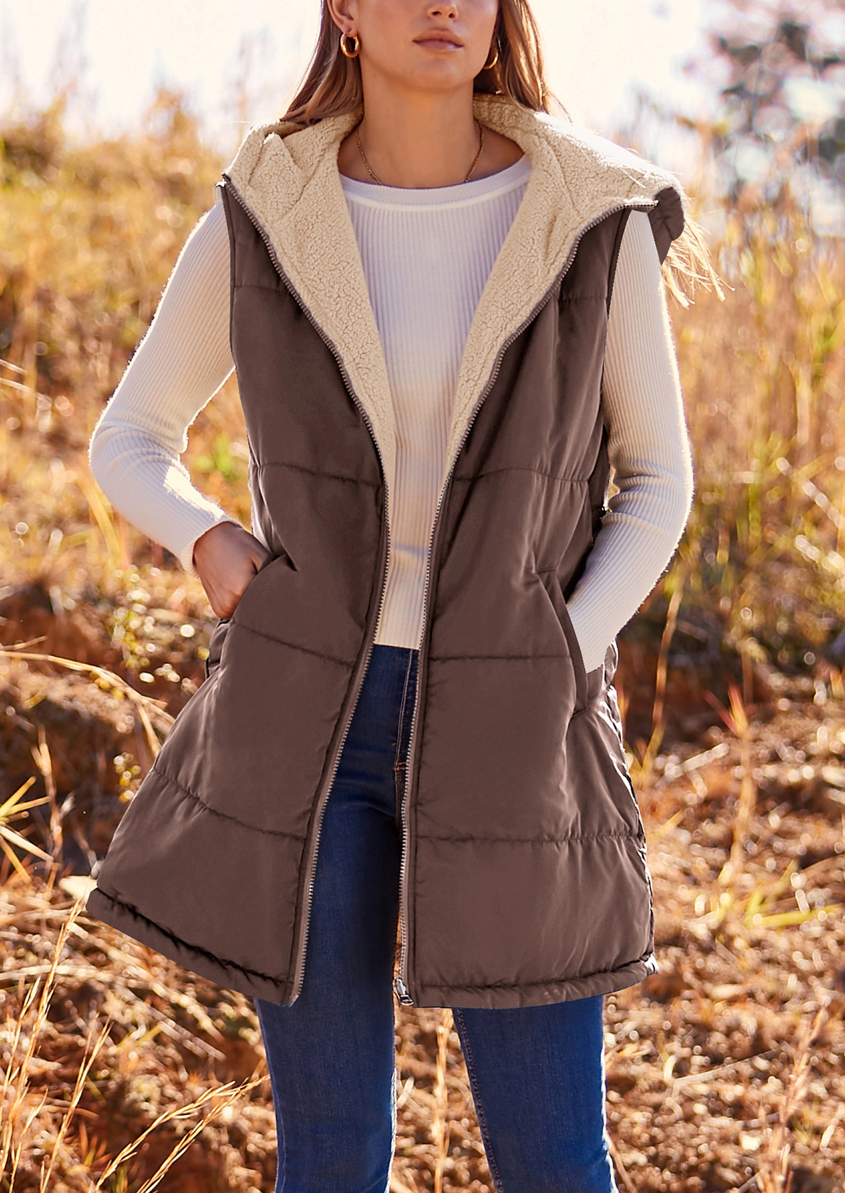 PRETTYGARDEN Womens Fall Reversible Vests Sleeveless Fleece Jacket Zip Up Hoodie Pockets Long Warm Winter Coat Outerwear