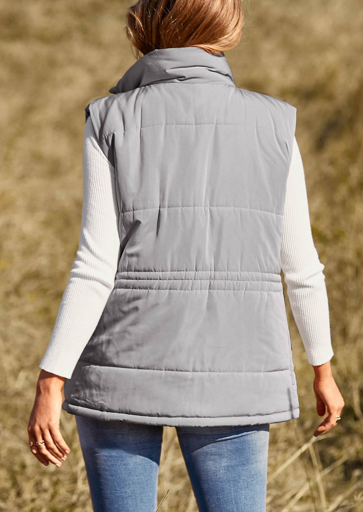 Casual Button Zipper Vest, Drawstring Sleeveless Jacket