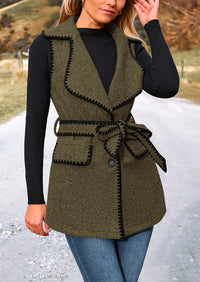 Tweed Sleeveless Lapel Button Front Belt Color Block Vest Jackets