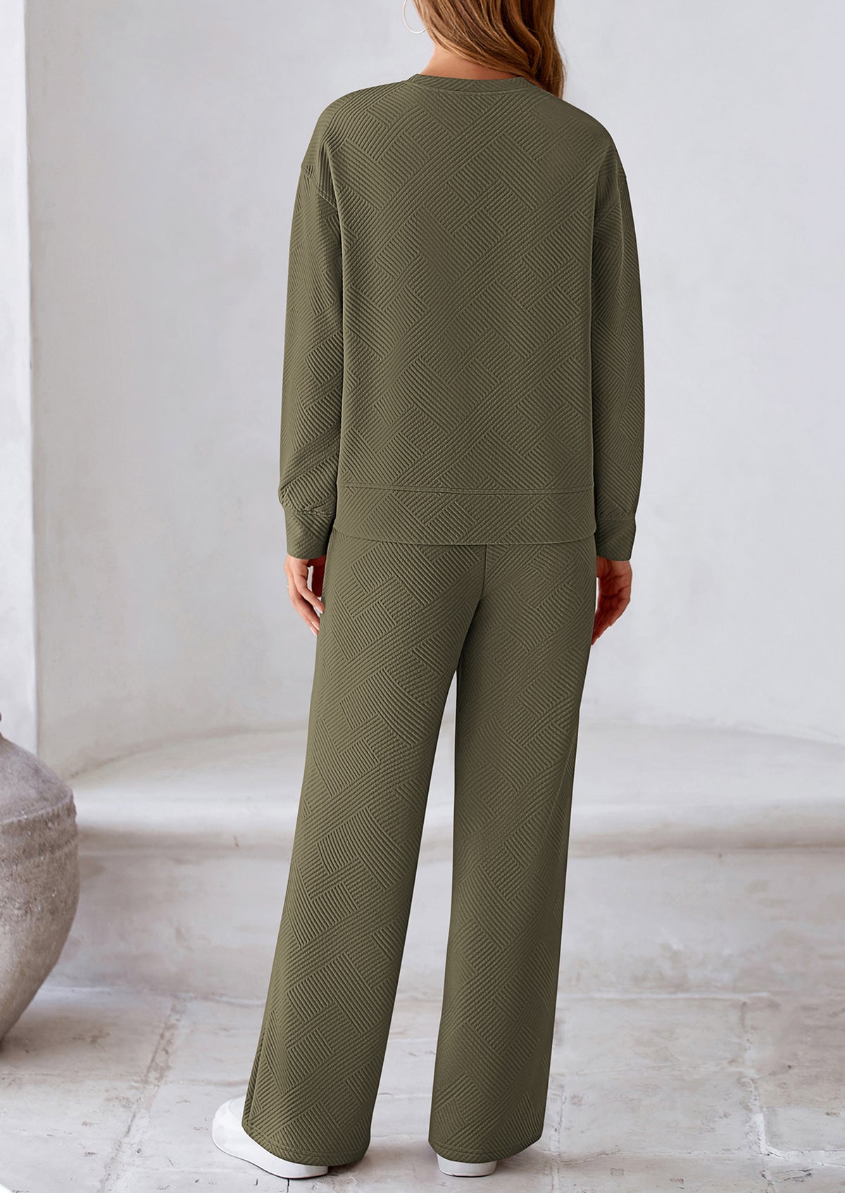 Casual Long Sleeve Pullover Tops and Wide Leg Pants Knitted Two Piece Sets