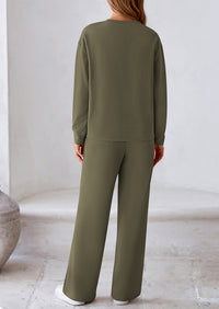 Casual Long Sleeve Pullover Tops and Wide Leg Pants Knitted Two Piece Sets