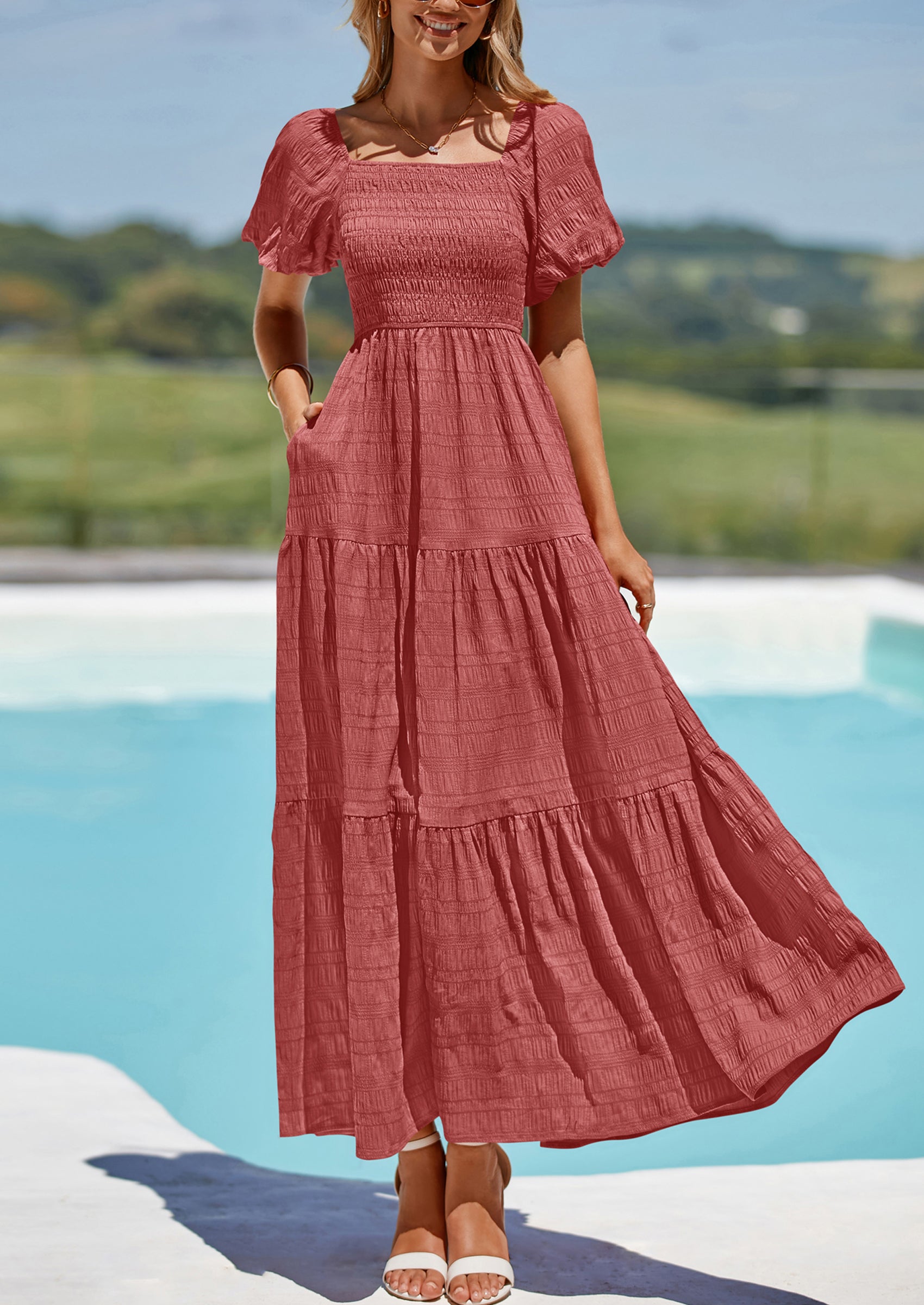 PRETTYGARDEN Womens Summer Smocked Tiered Ruffle A Line Beach Maxi Dresses
