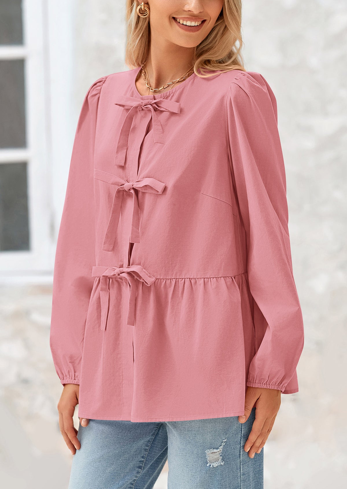 Babydoll Peplum Puff Long Sleeve Bow Tie Front Y2K Blouses