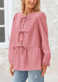 Babydoll Peplum Puff Long Sleeve Bow Tie Front Y2K Blouses