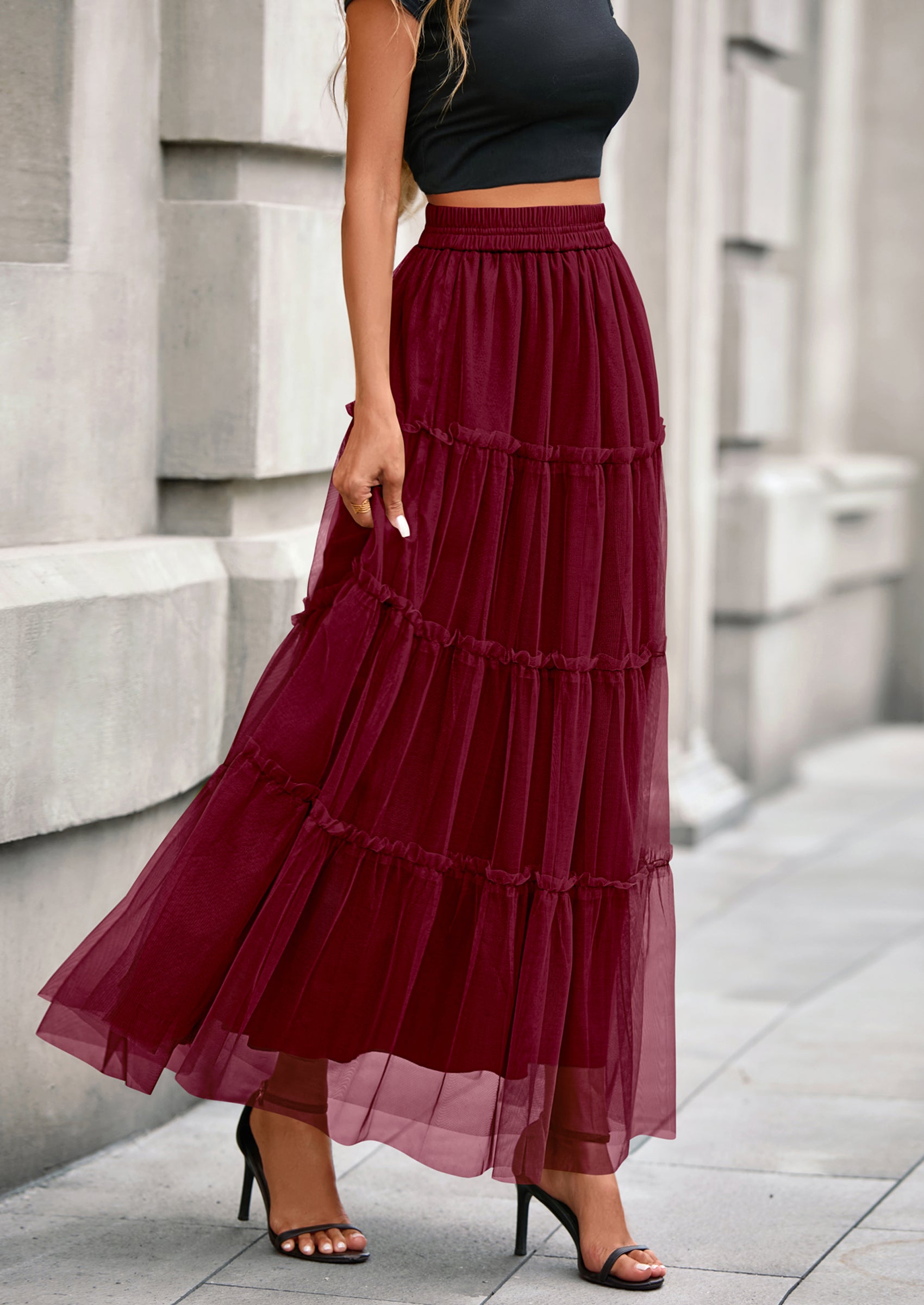 PRETTYGARDEN Maxi Skirts for Women Fall Tulle High Waisted Ruffle Flowy A-Line Long Skirt Country Concert Outfits