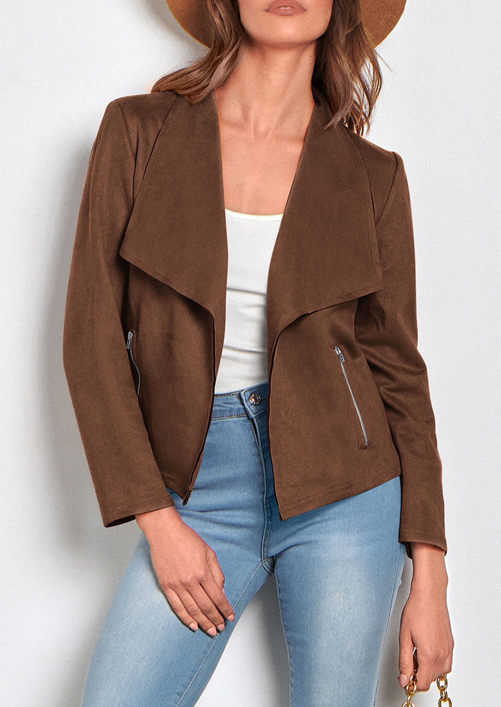 PRETTYGARDEN Women's Faux Suede Jackets Fashion Fall Clothes Long Sleeve Open Front Cropped Coat Outwear
