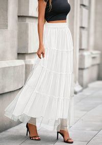 PRETTYGARDEN Maxi Skirts for Women Fall Tulle High Waisted Ruffle Flowy A-Line Long Skirt Country Concert Outfits