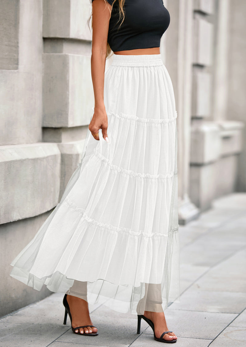 PRETTYGARDEN Maxi Skirts for Women Fall Tulle High Waisted Ruffle Flowy A-Line Long Skirt Country Concert Outfits