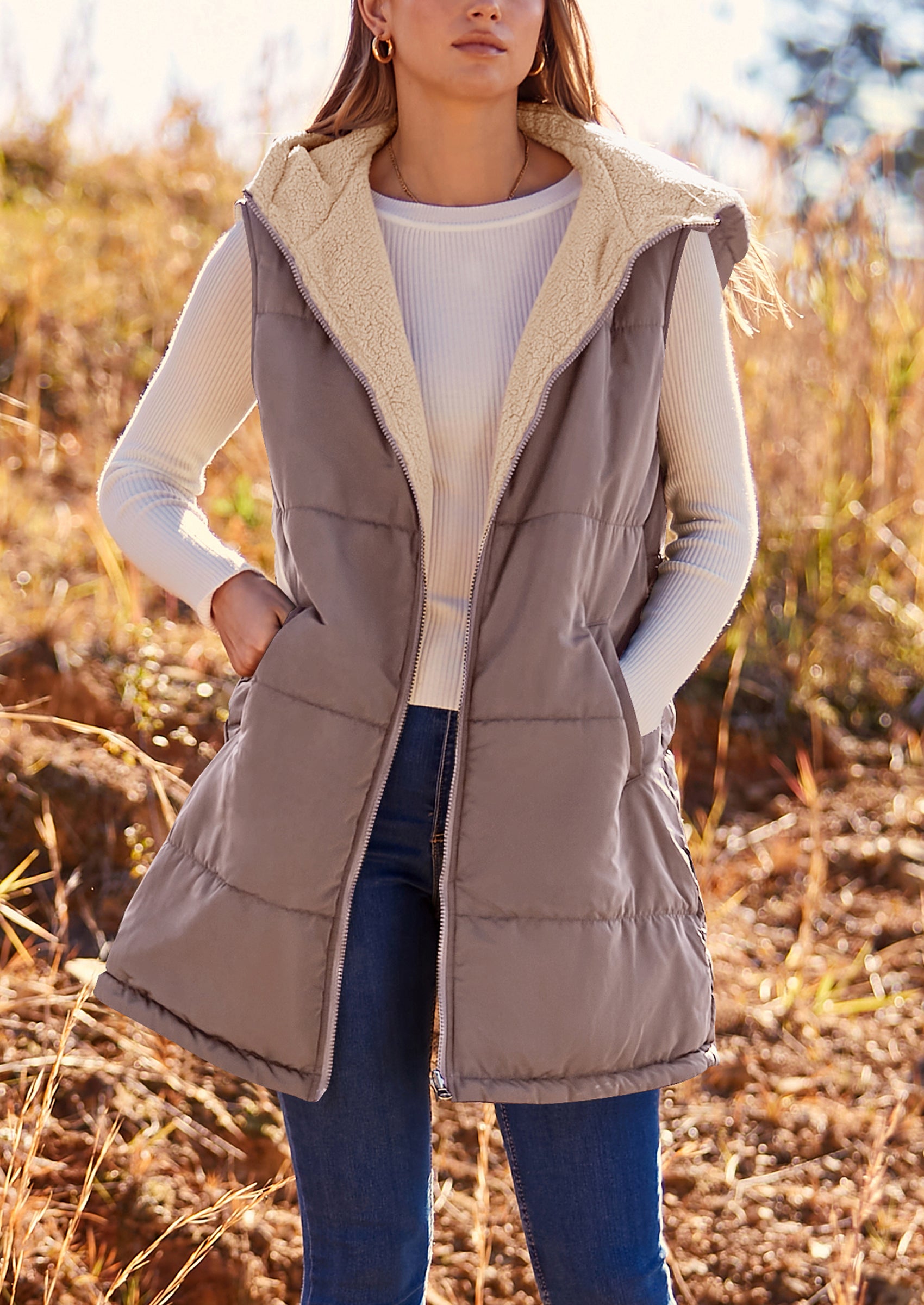 PRETTYGARDEN Womens Fall Reversible Vests Sleeveless Fleece Jacket Zip Up Hoodie Pockets Long Warm Winter Coat Outerwear