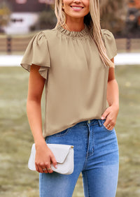 Satin Dressy Casual Ruffle Short Sleeve Crew Neck Work Party Blouses