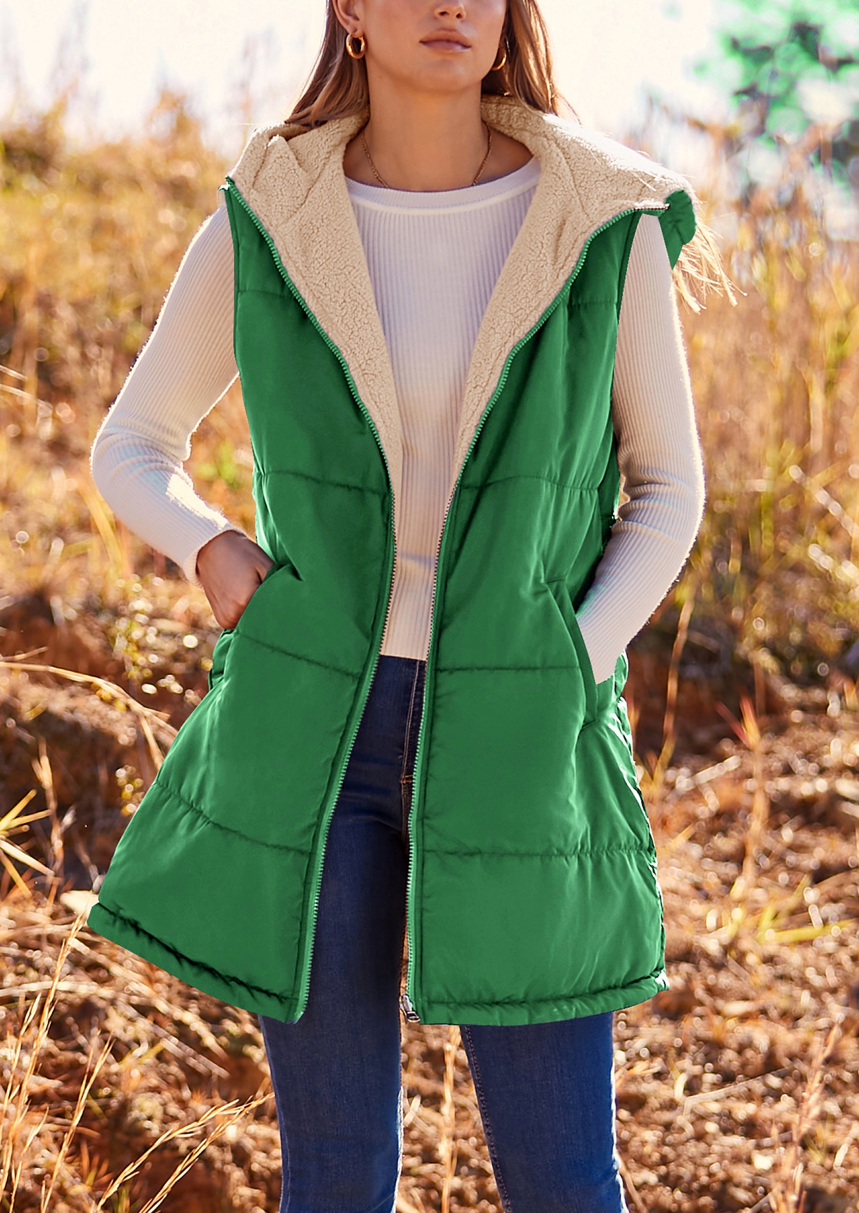 PRETTYGARDEN Womens Fall Reversible Vests Sleeveless Fleece Jacket Zip Up Hoodie Pockets Long Warm Winter Coat Outerwear
