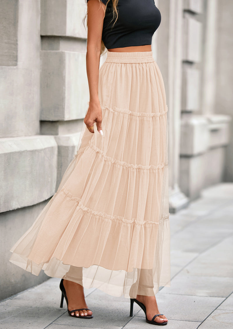 PRETTYGARDEN Maxi Skirts for Women Fall Tulle High Waisted Ruffle Flowy A-Line Long Skirt Country Concert Outfits