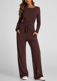 Long Sleeve Crop Tee Wide Leg Pants Two Piece Sets