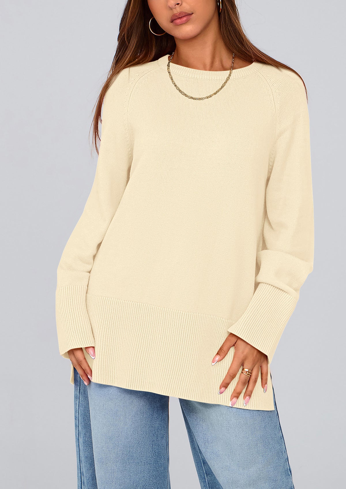 Knit Long Sleeve Crew Neck Split Hem Loose Oversized Tunic Sweaters