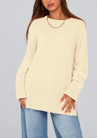 Knit Long Sleeve Crew Neck Split Hem Loose Oversized Tunic Sweaters