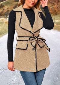 Tweed Sleeveless Lapel Button Front Belt Color Block Vest Jackets