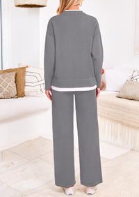PRETTYGARDEN Two Piece Matching Sweater Lounge Sets Knit Long Sleeve Pullover Tops Wide Leg Pants