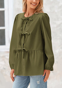 Babydoll Peplum Puff Long Sleeve Bow Tie Front Y2K Blouses